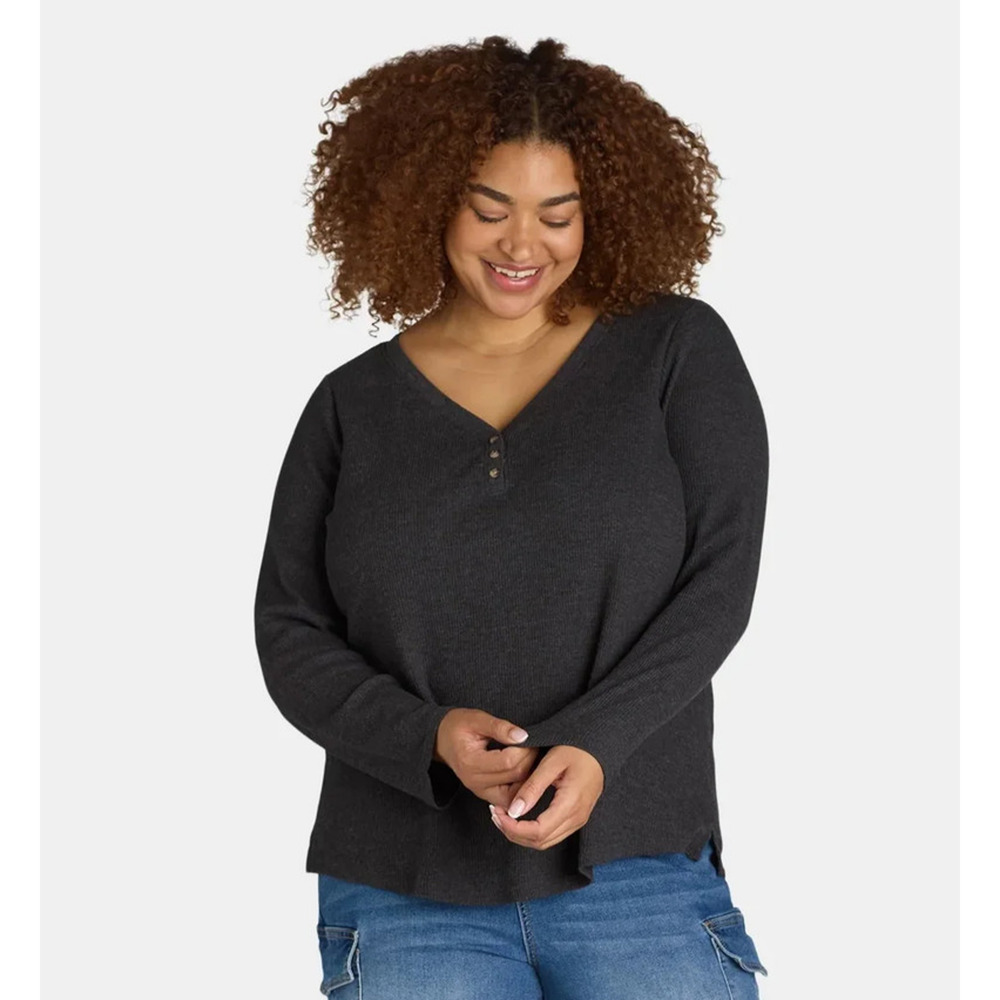 Terra & Sky Top 3X Black Long Sleeve Waffle Henley Cotton
